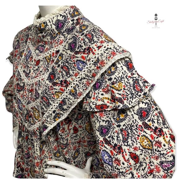 COTTAGECORE Prairie Vintage 70s Look Peacock Print Lace Trim Blouse Top M L - Picture 5 of 16